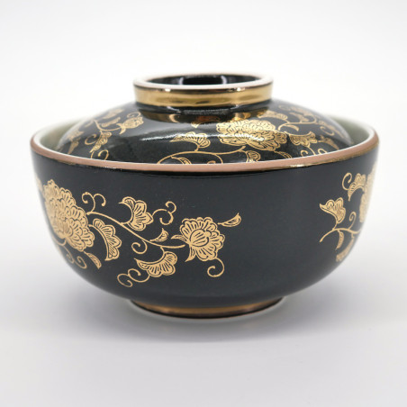 Japanese ceramic bowl with lid, KURO KIN KARAKUSA, black and gold