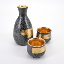 service à saké noir et doré avec 2 tasses KUROGANE KIN HAKEME