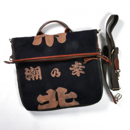 borsa a tracolla unica fatta di tessuti giapponesi riciclati, 147 A, nero e marrone