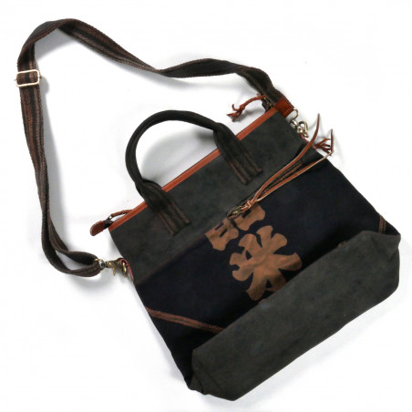 Grande borsa unica nel suo genere, realizzata con tessuti giapponesi riciclati, 149 A, nero e marrone