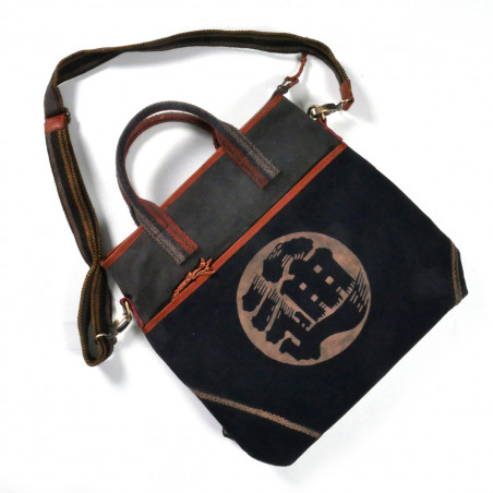 Grande borsa unica nel suo genere, realizzata con tessuti giapponesi riciclati, 149 C, nero e marrone