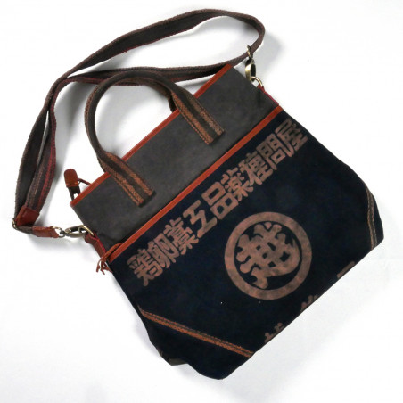 Grande borsa unica nel suo genere, realizzata con tessuti giapponesi riciclati, 149 D, nero e marrone