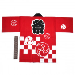 Japanese cotton red haori jacket for matsuri festival checkerboard