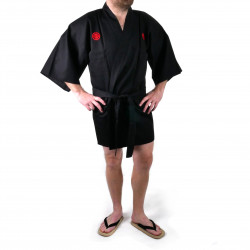 hanten kimono giapponese nero in cotone, SAMURAI, kanji samurai argento