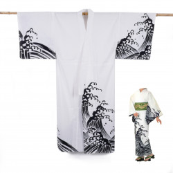 Yukata prestigio de algodón japonés para mujeres, KURONAMI, blanco