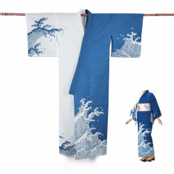 Yukata prestigio de algodón japonés para mujeres, SHIRANAMI, azul