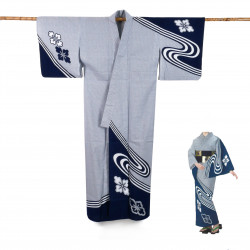 Yukata prestigio giapponese di cotone per le donne, HANASHIBORI, blu