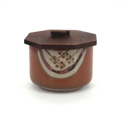 Japanese ceramic brown bowl with wooden lid, MARUMON