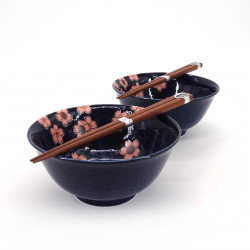 Japanese 2 ramen bowls set in ceramic with chopsticks SAKURA pink and blue