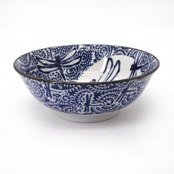 japanese noodle ramen bowl in ceramic dragonfly TOMBO, blue and white