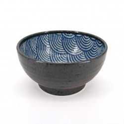 bol à riz japonais en céramique, SEIGAIHA vagues bleues et noires