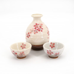 service à saké bouteille et 2 tasses, SAKURAZAKE, blanc et fleurs roses