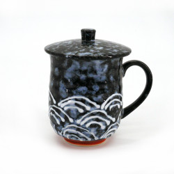japanese black teacup with lid SEIGAIHA waves