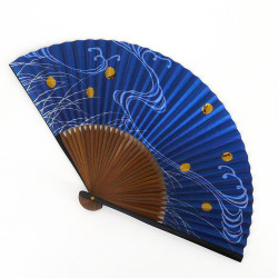 ventaglio giapponese blu 22 cm per uomo in carta e bambù, HOTARU, lucciola