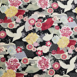 Black Japanese cotton fabric crane and flowers made in Japan width 110 cm x 1m