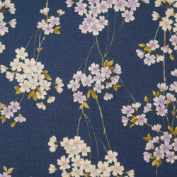 tissu bleu japonais en coton motifs fleurs fabriqué au Japon largeur 110 cm x 1m