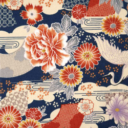 tissu bleu japonais en coton grues et fleurs fabriqué au Japon largeur 110 cm x 1m