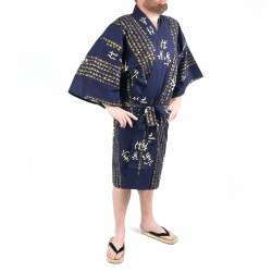 Kimono blu giapponese tradizionale Happi in cotone kanji hideyoshi per uomo