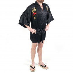 hanten kimono giapponese nero in cotone, RYU, drago