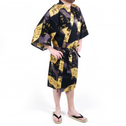 Japanese black cotton happi coat kimono SENSU, golden fan, for men