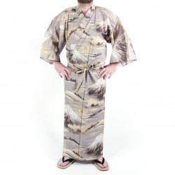 kimono yukata traditionnel japonais gris en coton Mont Fuji pour homme