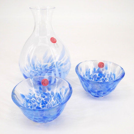 Japanese glass sake service, 2 glasses and 1 bottle, blue, IWASHIMIZU