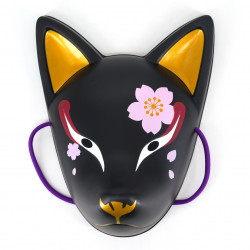 Masque de renard japonais traditionnel, KITSUNE, noir et fleur de sakura