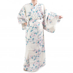 Flores de cerezo blancas japonesas tradicionales de kimono yukata de algodón blanco para mujer