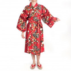 crisantemi floreali tradizionali kimono di cotone rosso giapponese Happi per donna