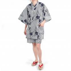 Strisce kimono jinbei di cotone grigio blu tradizionale giapponese e fiori di iris per donna