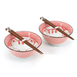 Japanese 2 ramen bowls set in ceramic with chopsticks MANEKINEKO red and blue