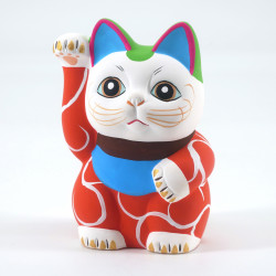 Japanese manekineko lucky cat, AKA KARAKUSA, red and arabesques