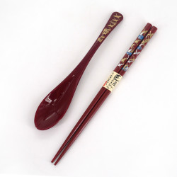Set coppia di bacchette di legno e cucchiai in resina rossa assortiti, TSURU