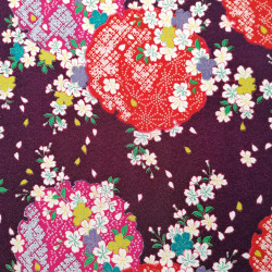 Japanese purple polyester chirimen fabric with cherry blossom motif, SAKURA, made in Japan width 112 cm x 1m