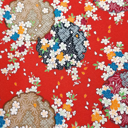 Tissu rouge japonais en polyester chirimen motif fleur de cerisier, SAKURA, fabriqué au Japon largeur 112 cm x 1m