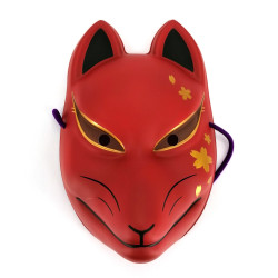 Traditional Japanese fox mask, KITSUNE, red and cherry blossoms