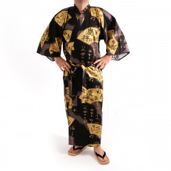 Kimono noir traditionnel japonais pour homme eventails en or coton satin