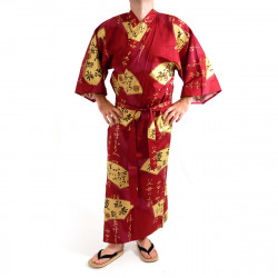 japanischer herren roter Yukata-Kimono, SENSU, Goldfans