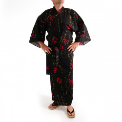 kimono yukata giapponese nero in cotone, AKAKANJI, ballare personaggi kanji