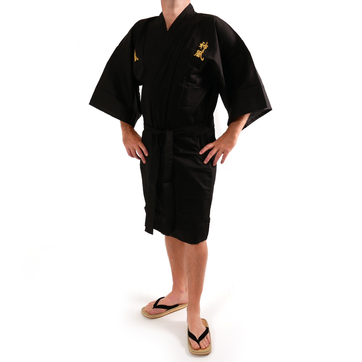 Kimono japonés happi en algodón negro, KAMIKAZE, golden