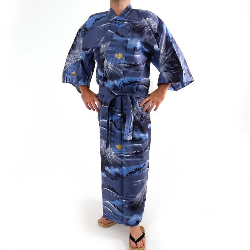 Japanese traditional blue cotton yukata kimono mont fuji for men