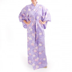 Japanese traditional purple cotton yukata kimono sakura flowers on cloud pattern for ladies