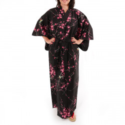 japanischer Yukata Kimono aus schwarzer Baumwolle, TORIUME, Vogel- und Pflaumenblüten