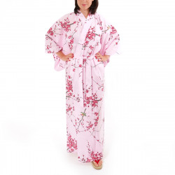 kimono giapponese yukata in cotone rosa, TORIUME, fiori di uccello e prugna