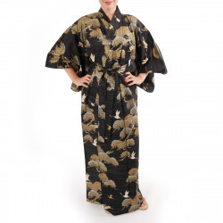 yukata japonés kimono algodón negro, TSURU MATSU, pinos y grullas