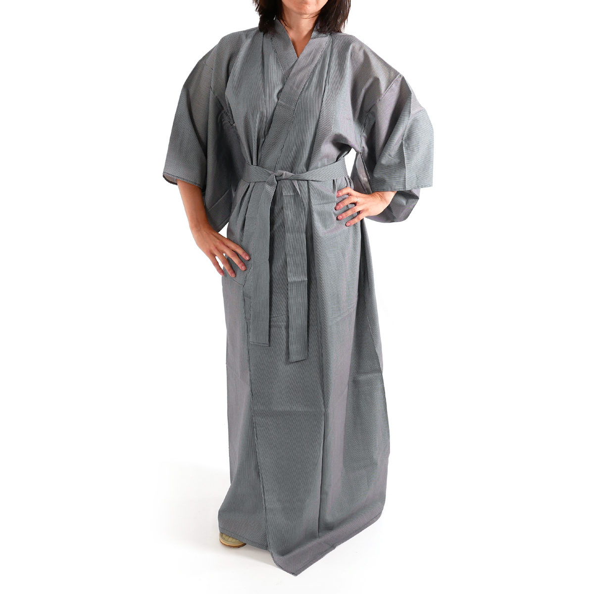 Made in Japan Japanese Men's 100% Cotton 60"L Yukata Kimono Robe Navy Stripe 
