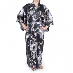 Kimono Yukata Japonés Negro En Seda, SHIBORIUME, flores de iris y ciruela