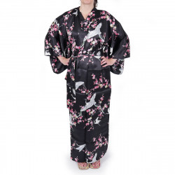 kimono yukata japonais noir en soie fleurs prune et grues pour femme