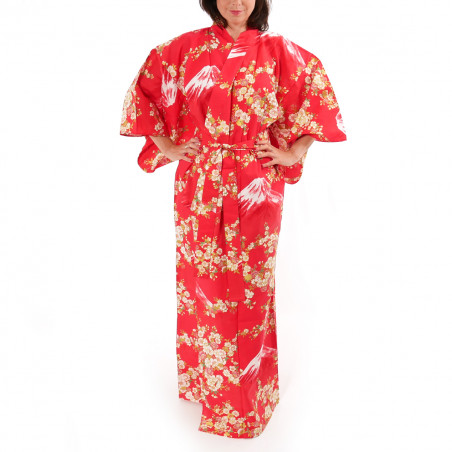 Japanese traditional red cotton yukata kimono sakura flowers on mont fuji for ladies