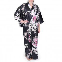 kimono yukata japonais noir en soie fleurs orchidée pour femme